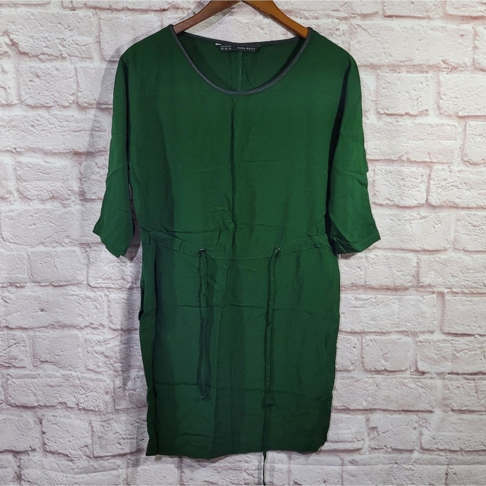 Zara Emerald Green Half Sleeve Drawstring Waist Casual Dress